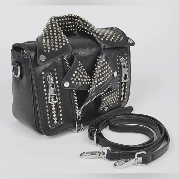 Faux Leather Studded Motto Jacket Clutch w/ Detachable Strap- Black NWT - Picture 1 of 7